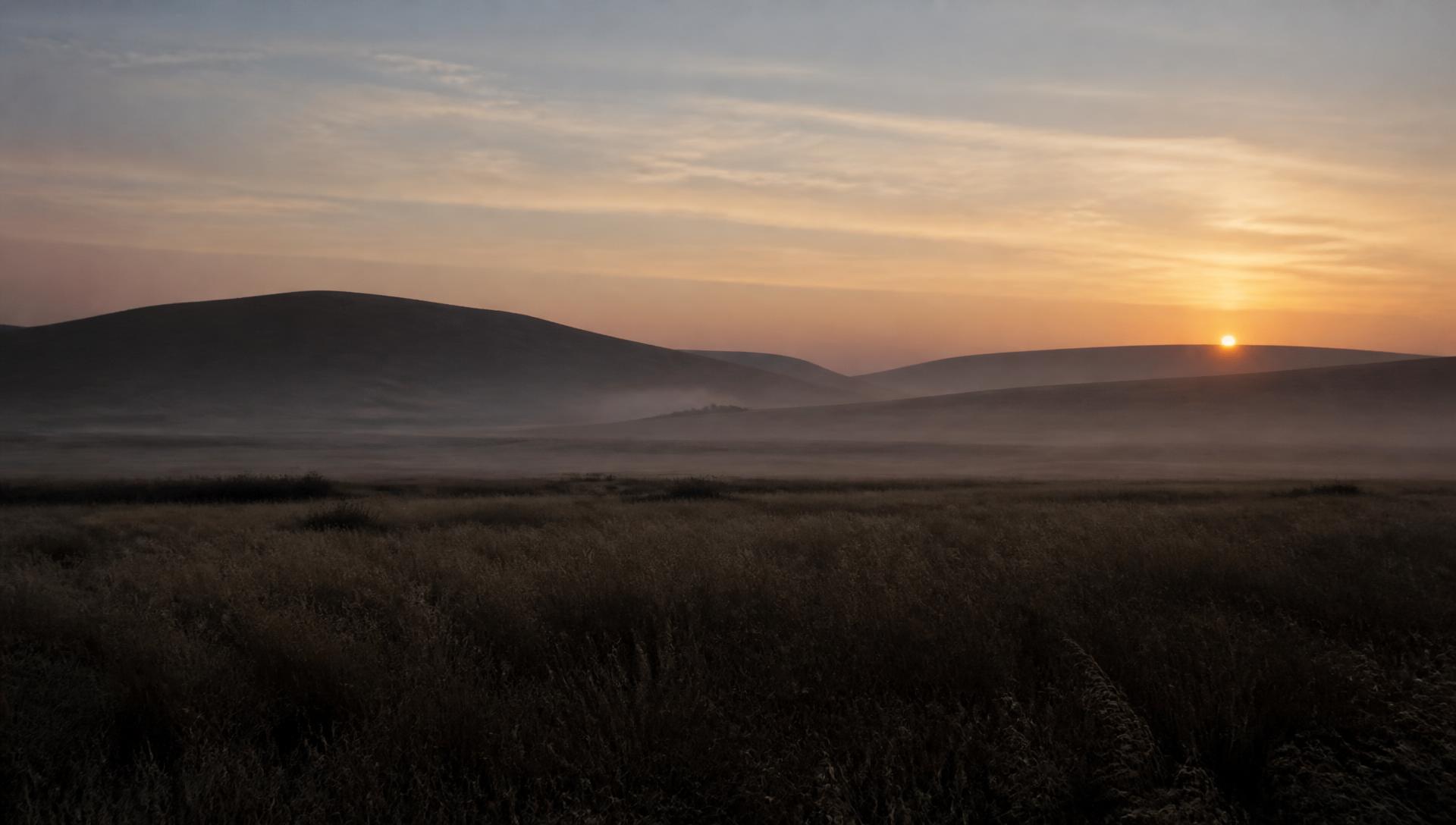 First light of dawn rising over quiet hills and open grassland